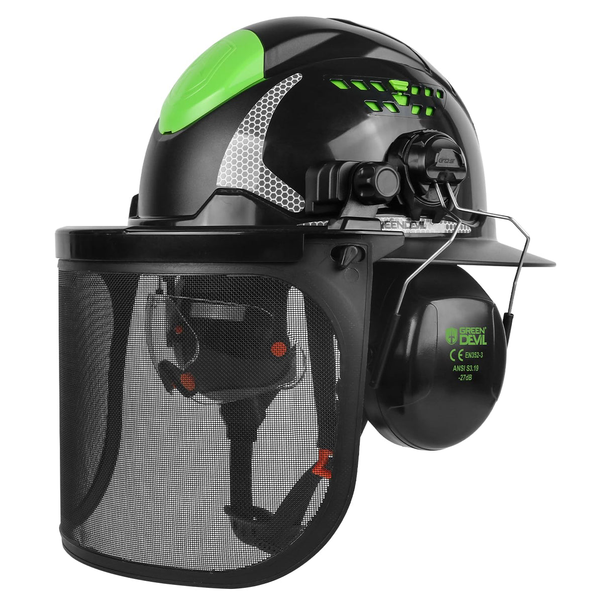 Green Devil industrial chainsaw helmet with full brim protects head in dense forests.