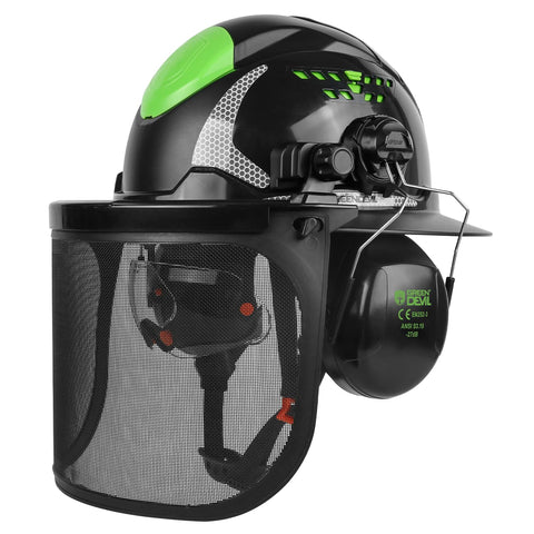 Green Devil industrial chainsaw helmet with full brim protects head in dense forests.