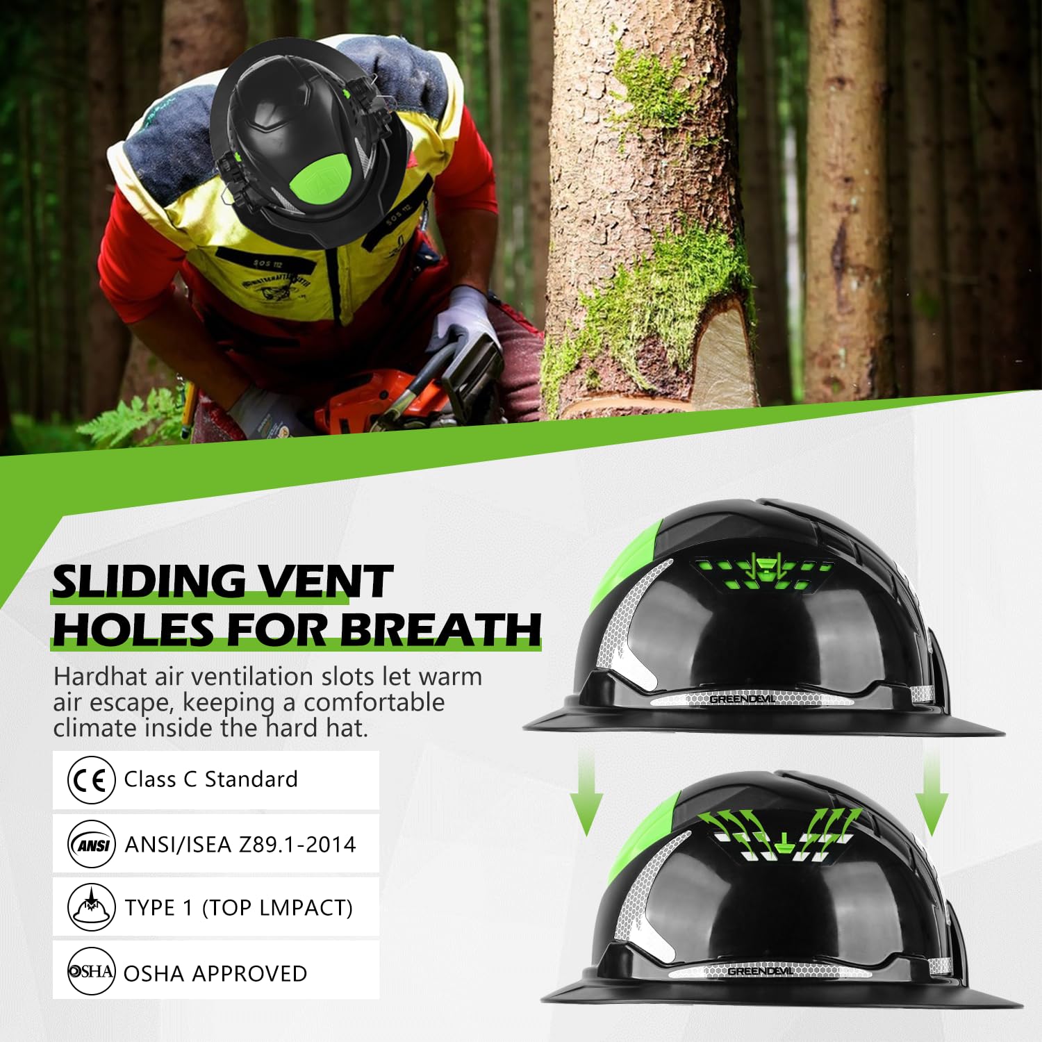 Green Devil removable sweatband wicks sweat during long tasks.