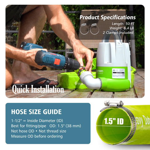 Green Expert 50-foot hose length for long-range pool or pond transfers