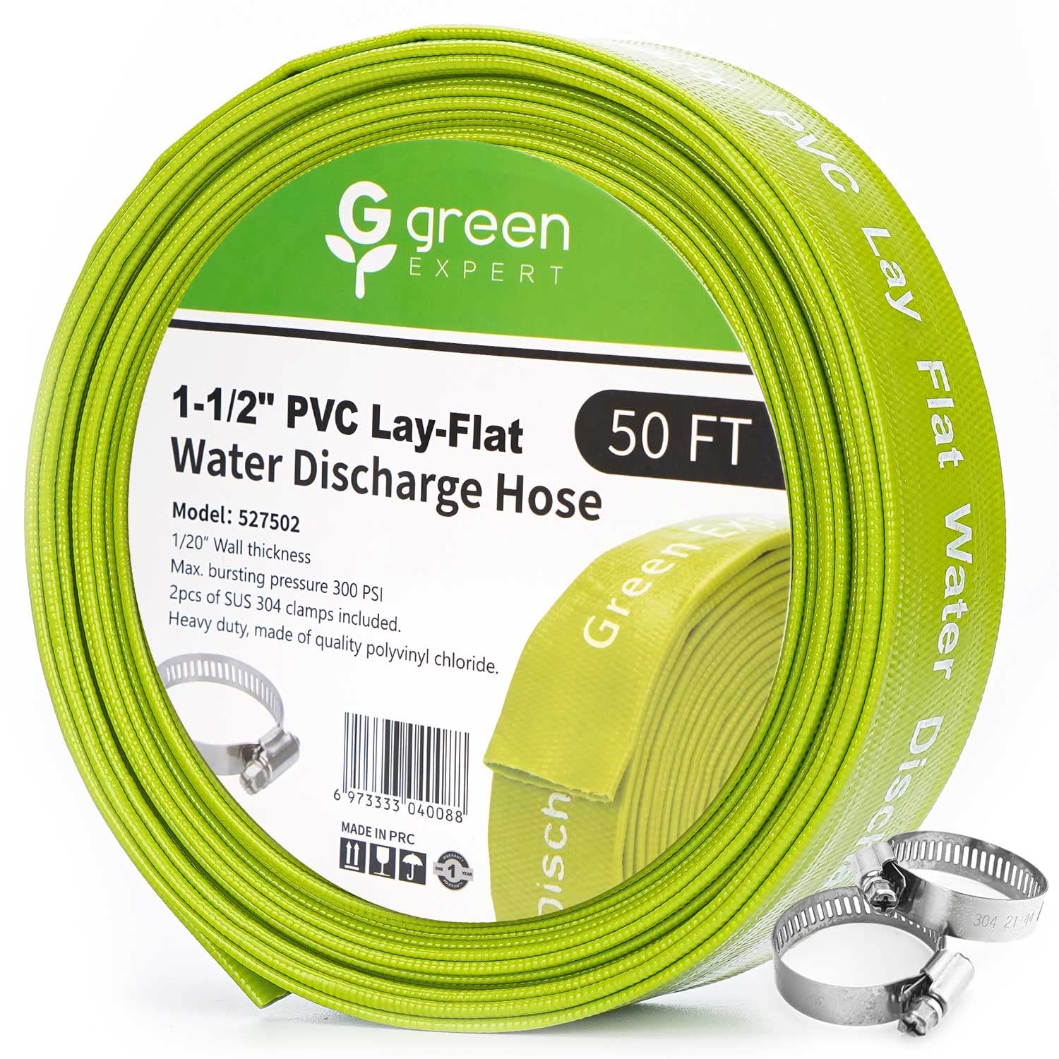 Green Expert one-and-a-half-inch PVC lay-flat hose for pool backwash and drainage