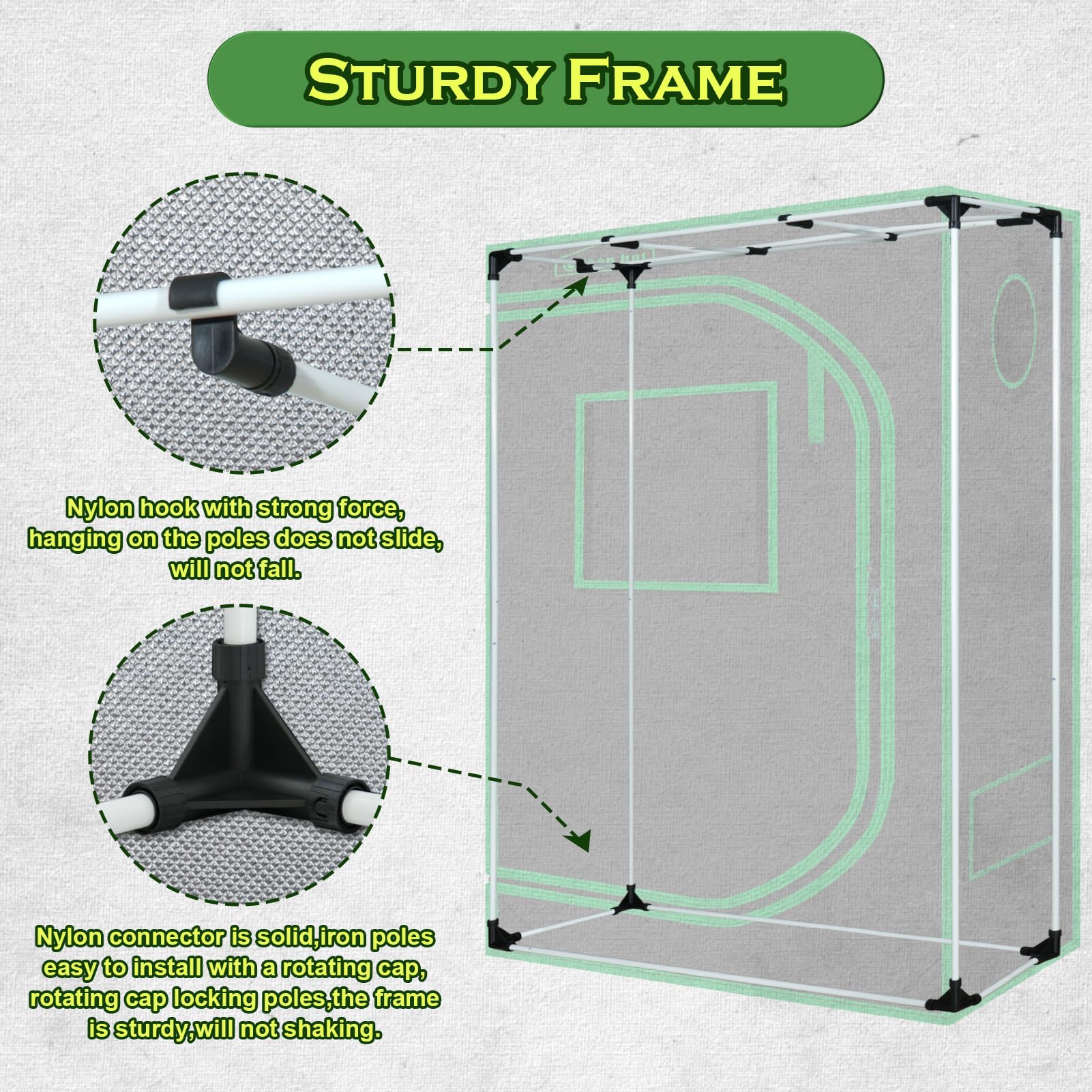 Upgraded PA connector on Green Hut grow tent for rust-resistant strength