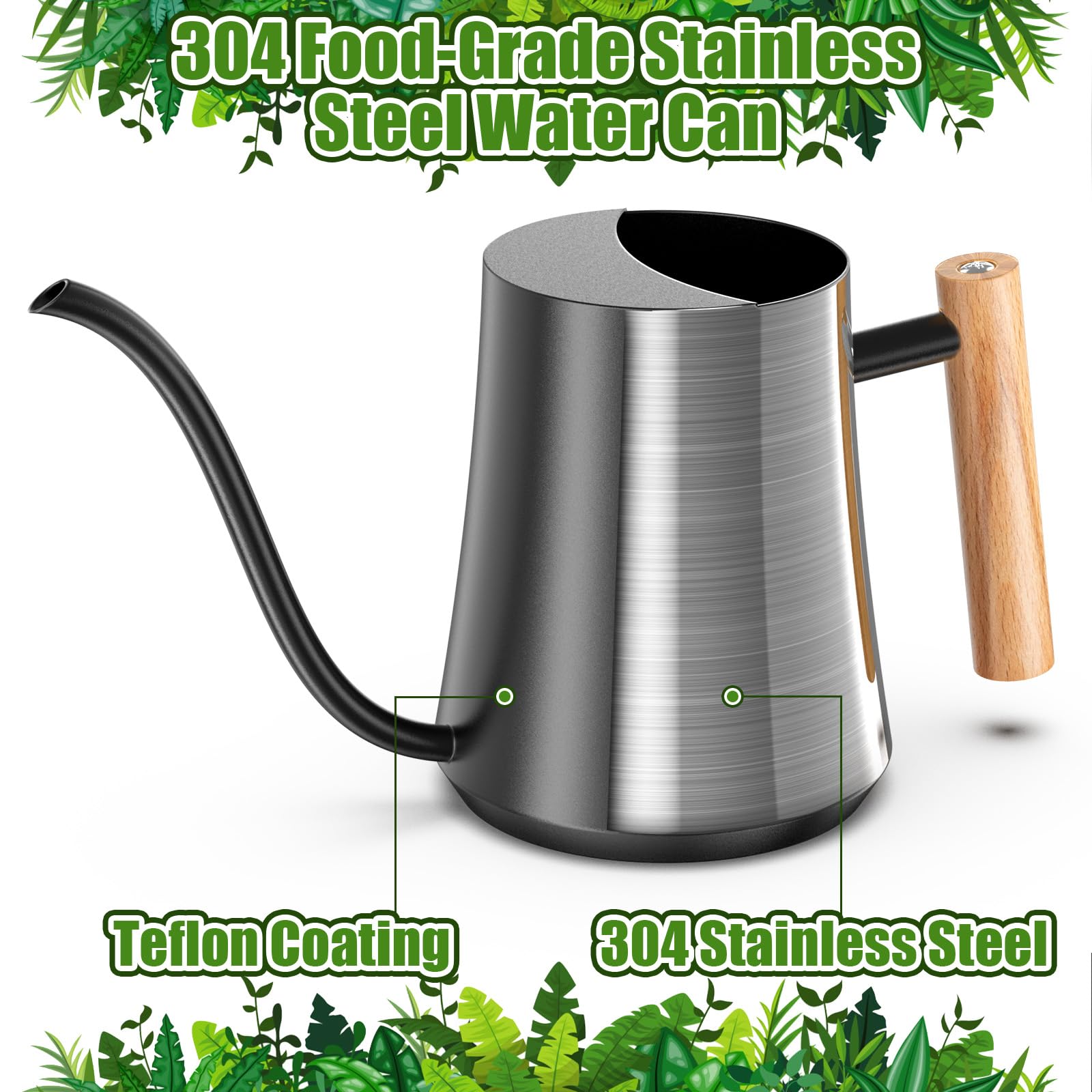 Green Moon water can wooden handle for comfortable grip during refills