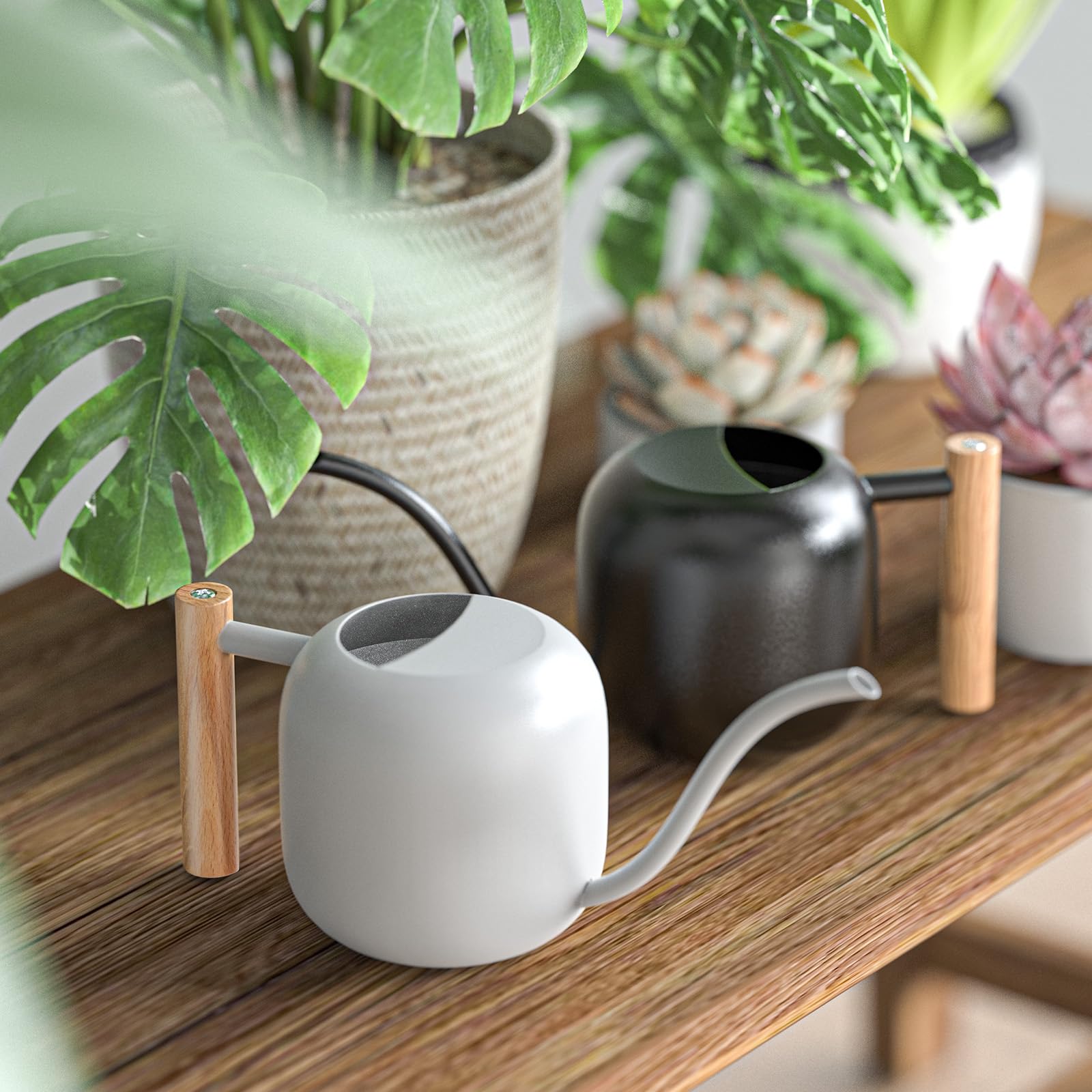 Green Moon wooden-handle provides comfortable grip during watering sessions.