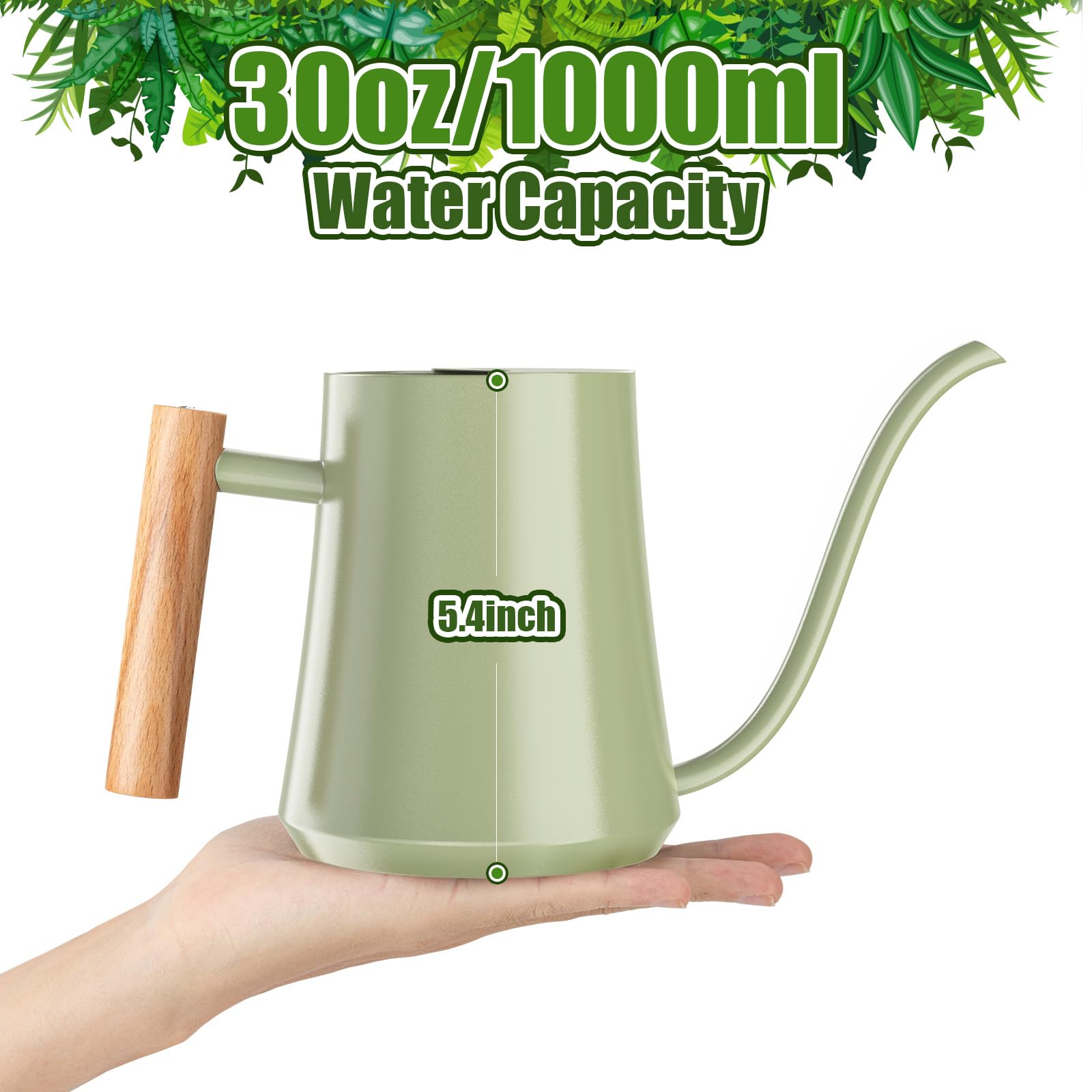 Green Moon 35oz wooden-handle watering can for comfortable one-handed use