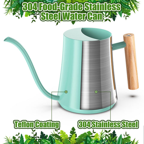 Green Moon mint-green can with wooden handle for comfortable pours.