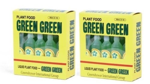 Green2 Green Green Plant Food packaging displaying 20 bottles for home feeding.