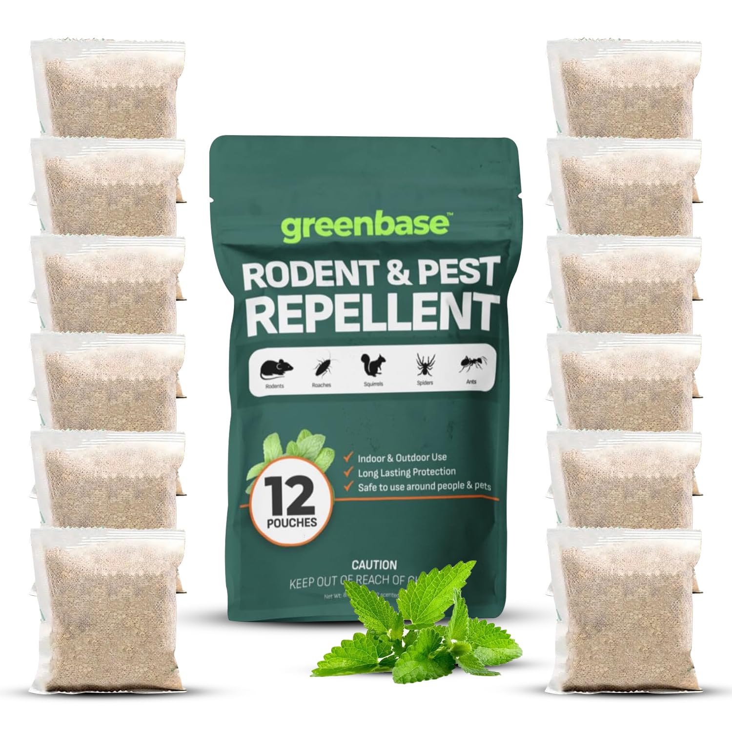 Greenbase 12-pack natural rodent repellent pouches with peppermint repels mice safely indoors.