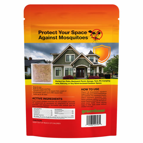 Packaging label for Greenbase natural mosquito repellent pouches
