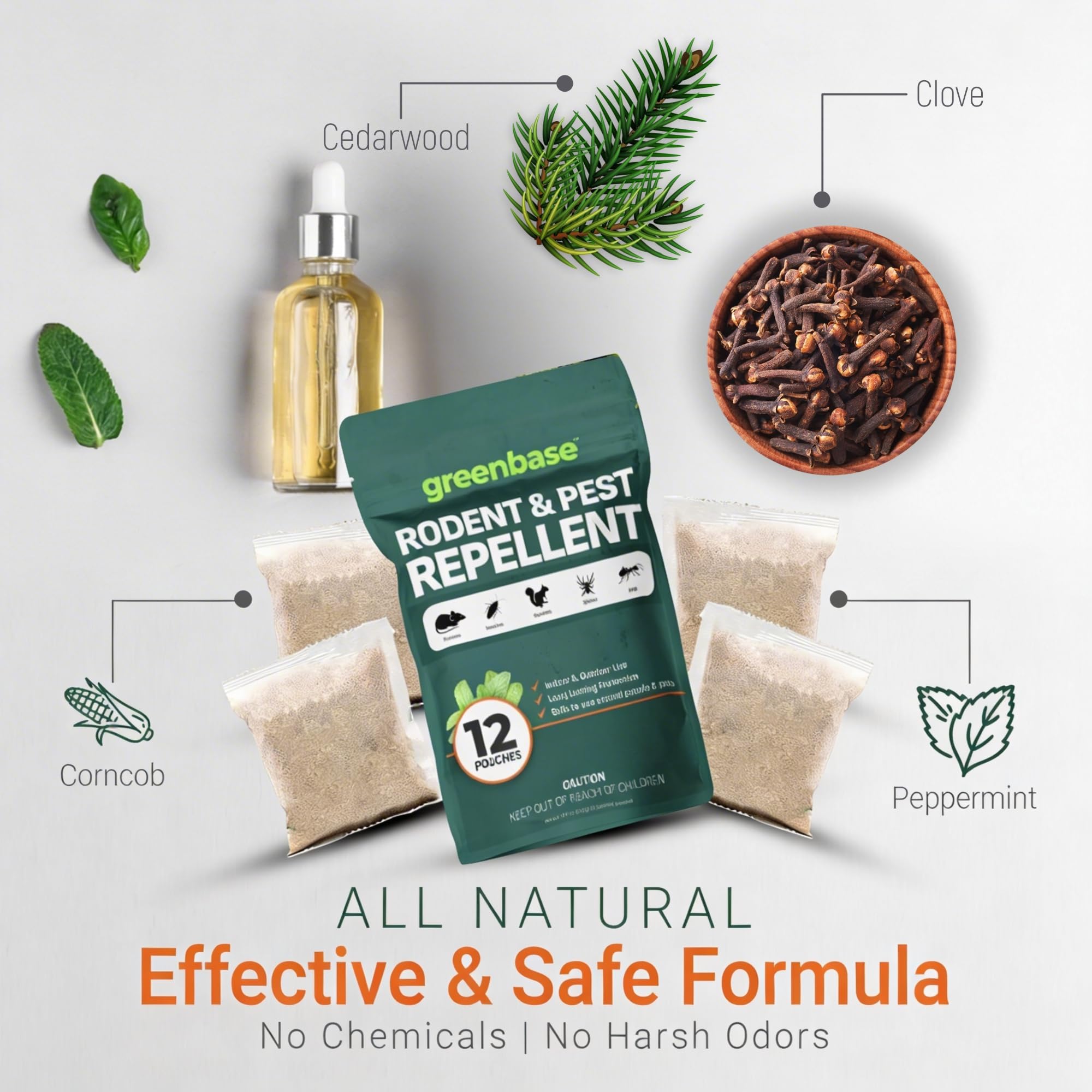 Greenbase easy-to-use pouches sit discreetly in cupboards, garages, and tool areas to deter rodents.