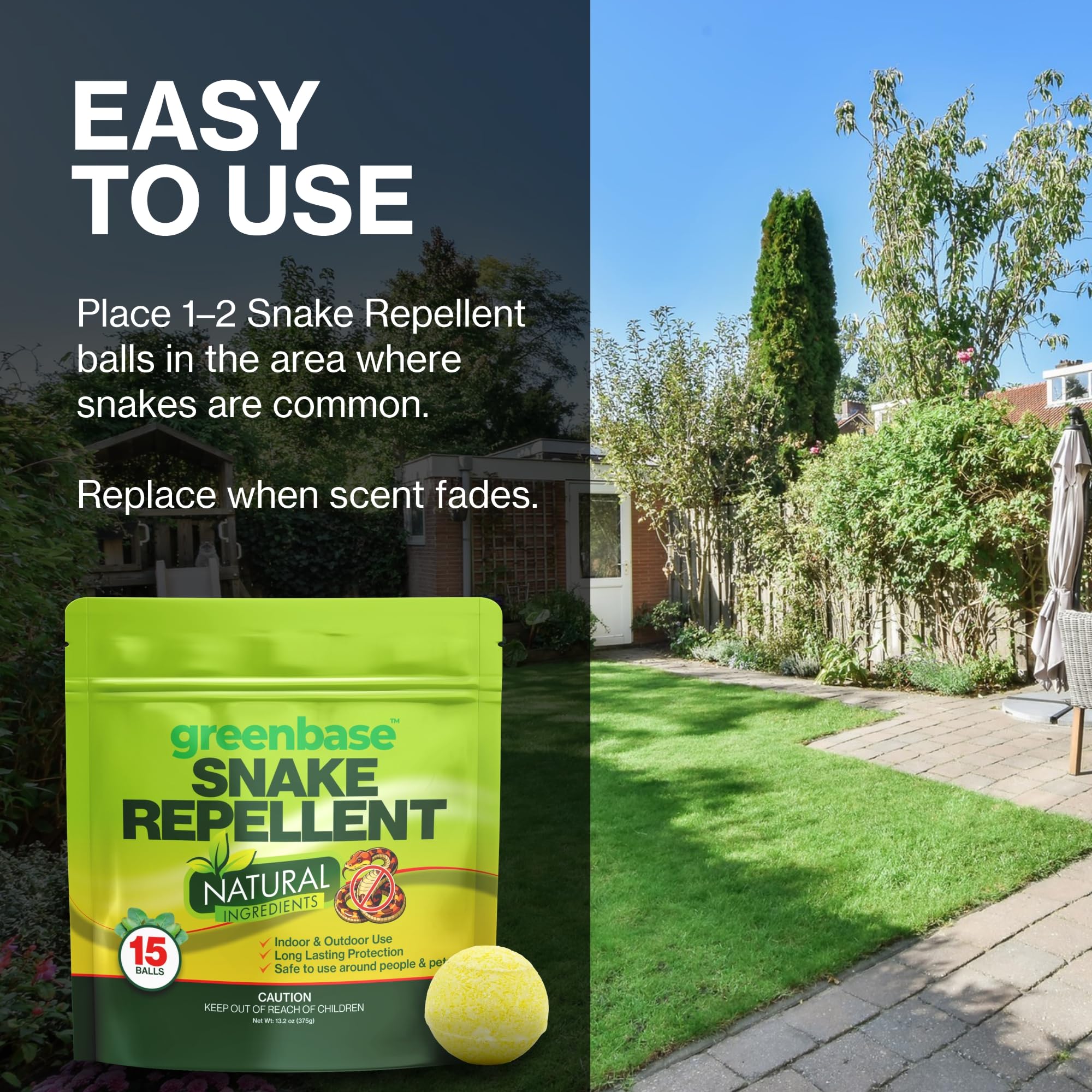 Greenbase snake-repellent-ball used at campsite deters snakes during travel.