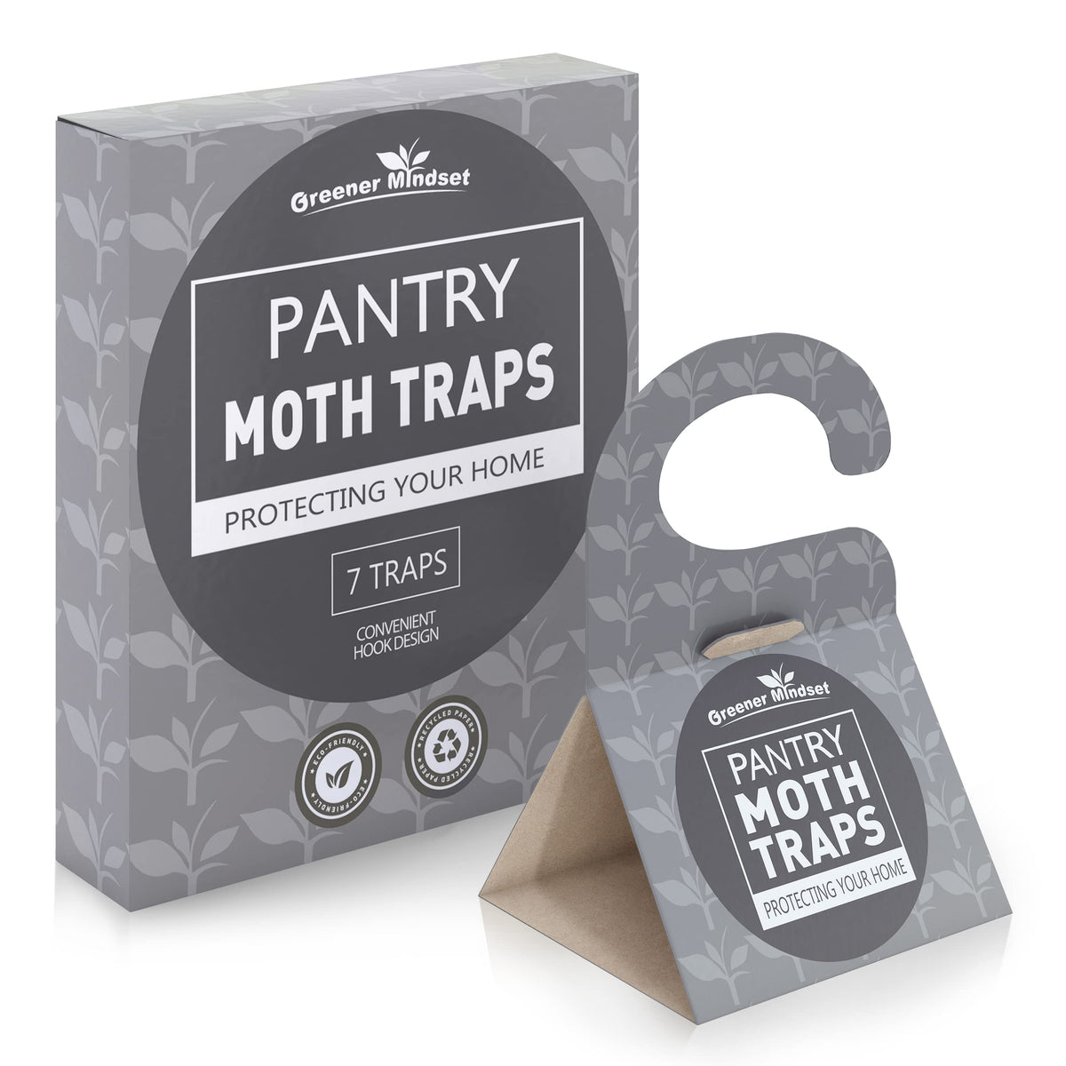 Greener Mindset indoor 7-pack moth traps shown in kitchen setup for effective pest monitoring