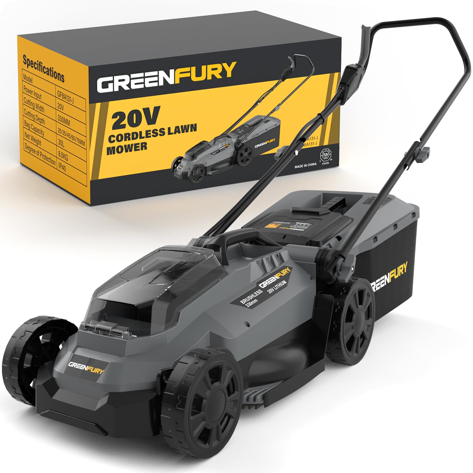 GREENFURY 13-inch cordless mower with Dewalt compatibility for easy battery swaps