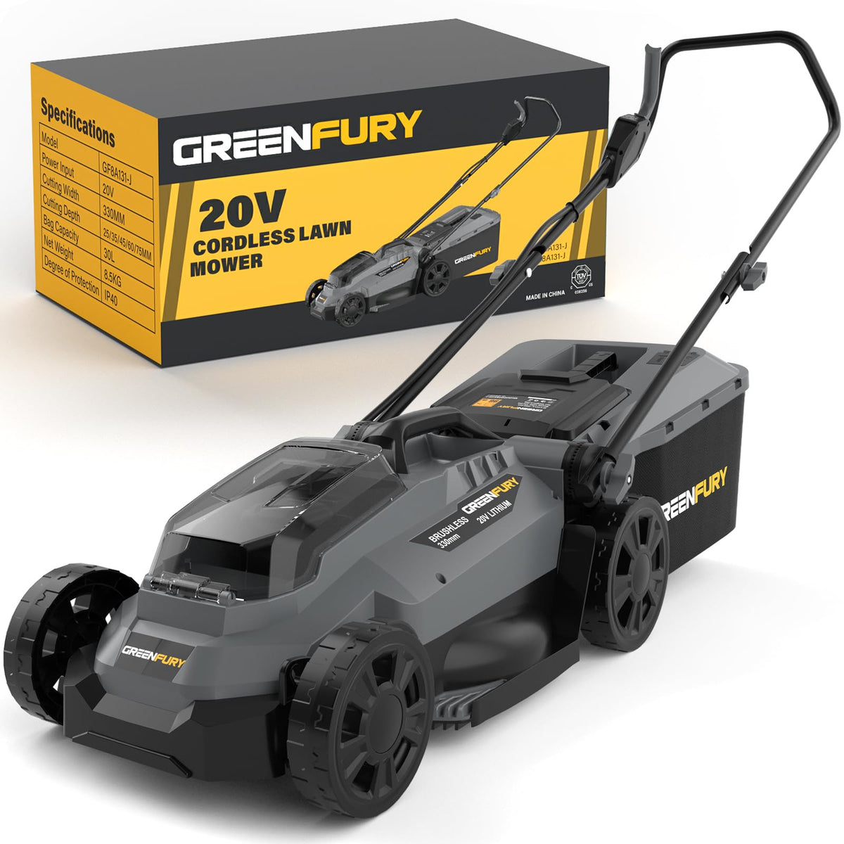 GREENFURY 13-inch cordless mower with Dewalt compatibility for easy battery swaps