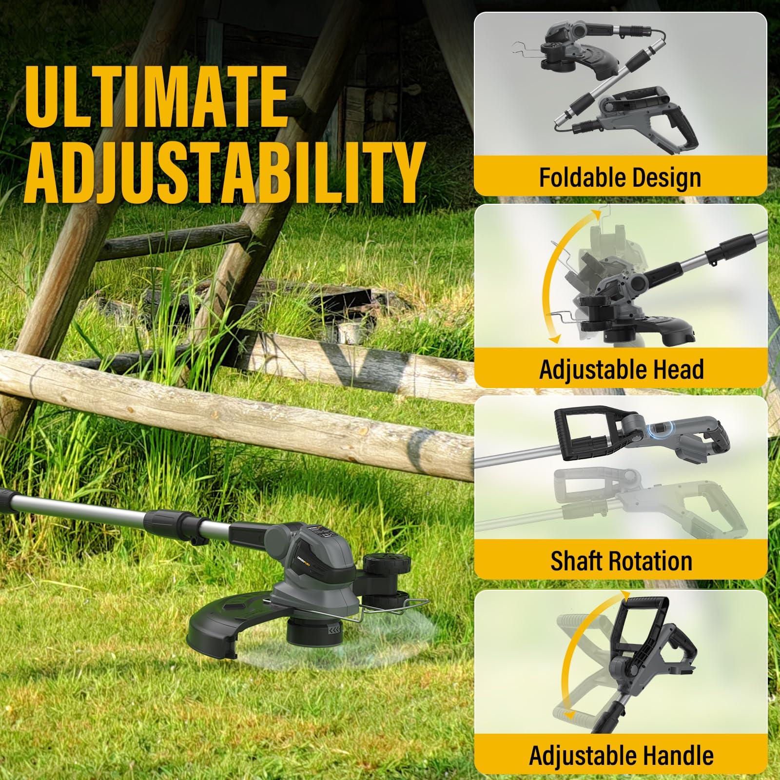GREENFURY powerful motor reaches 8500 RPM for clean cut through dense growth.
