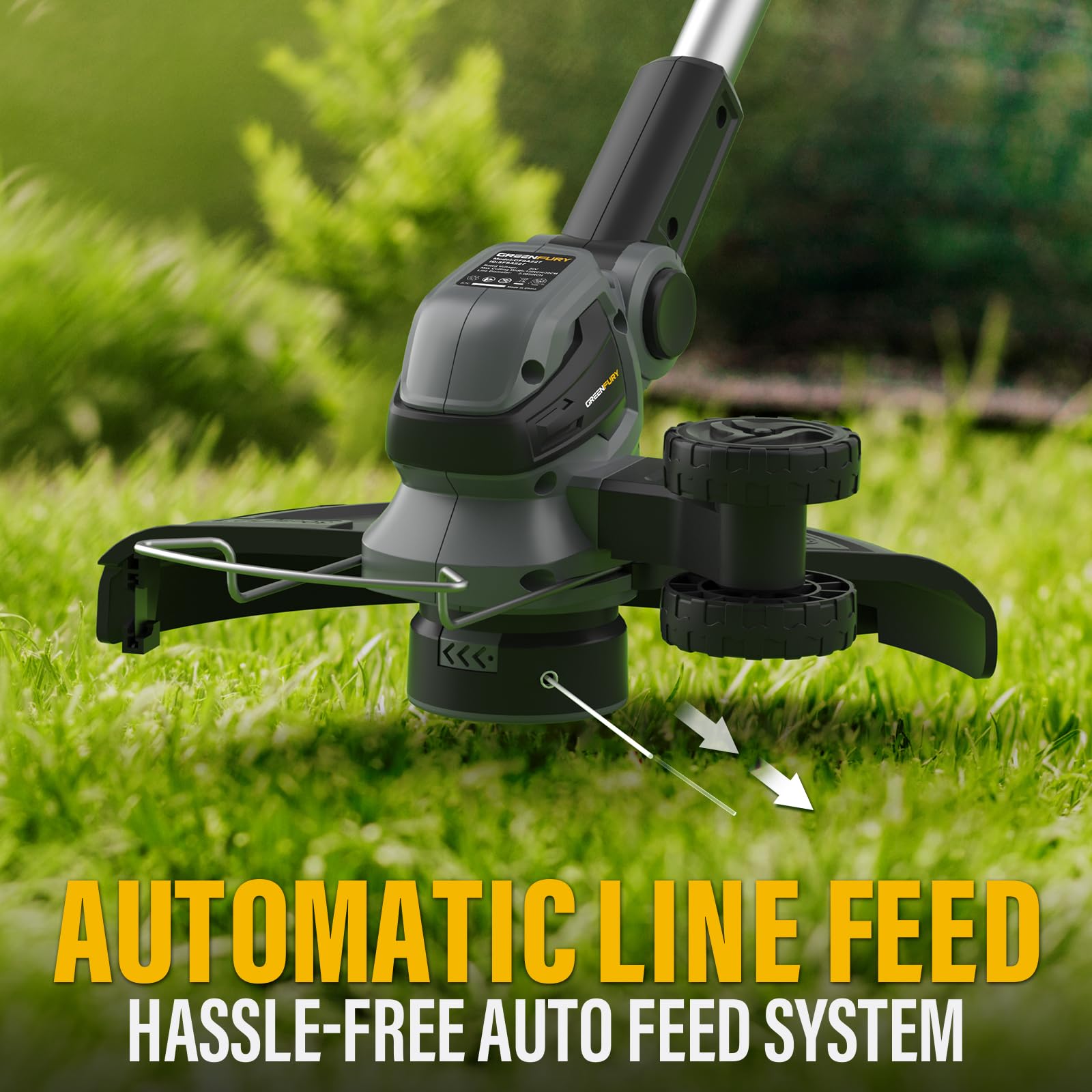GREENFURY auto-feed spools reduce downtime with constant line feeding.