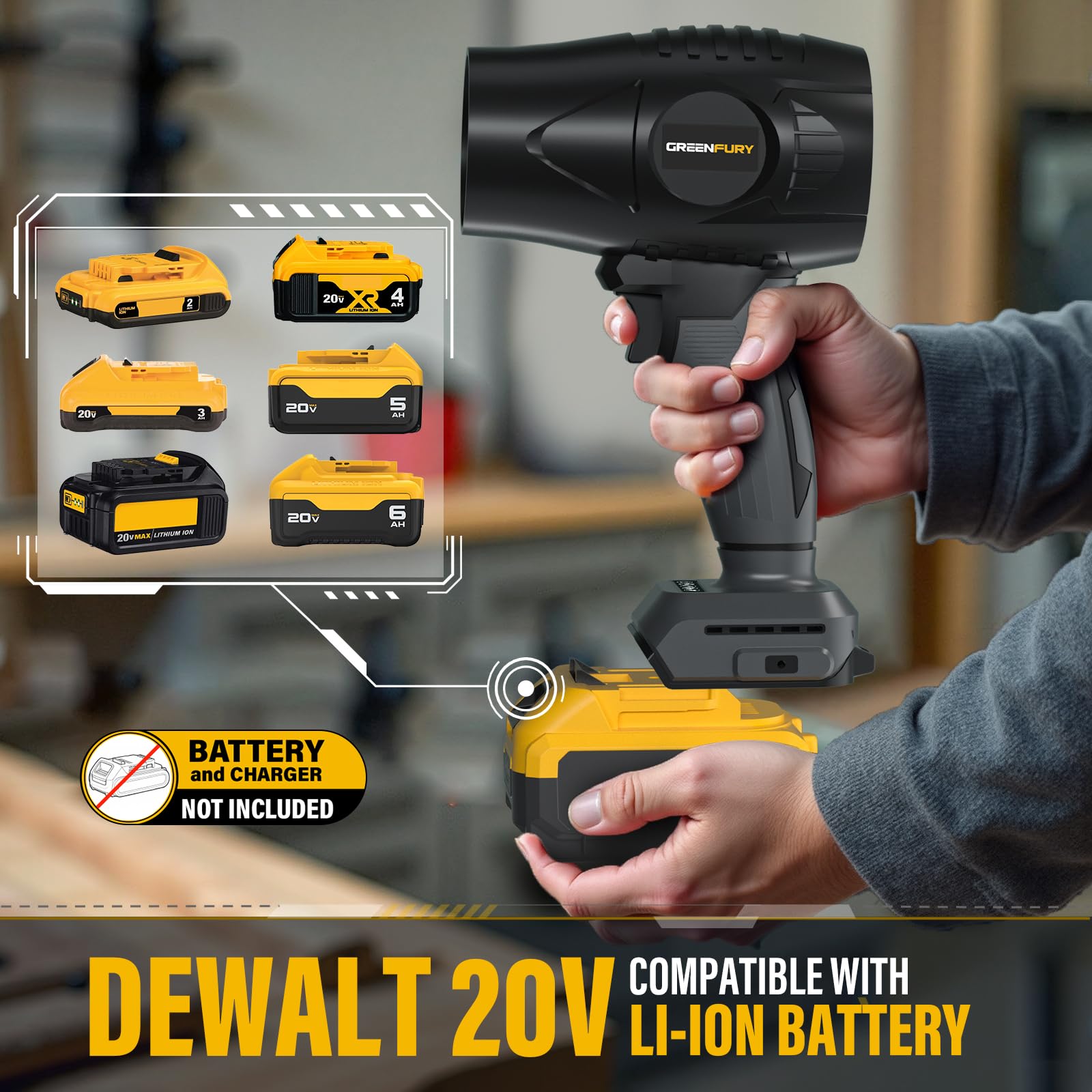 GREENFURY cordless blower delivering 125 MPH airflow for quick debris clearance.