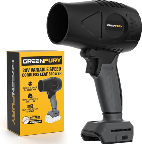 GREENFURY cordless leaf blower with DEWALT compatibility for fast yard cleanup.