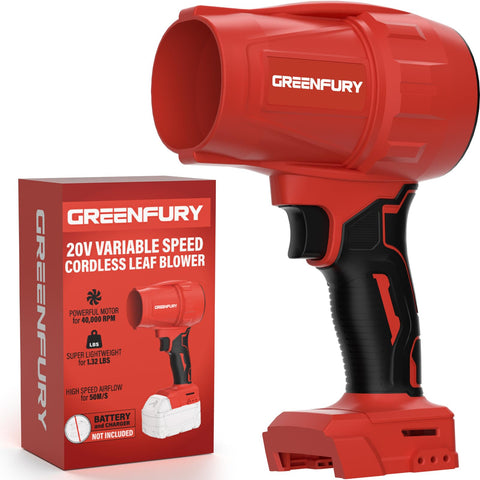 Greenfury cordless leaf blower showing Milwaukee compatibility for flexible power usage.