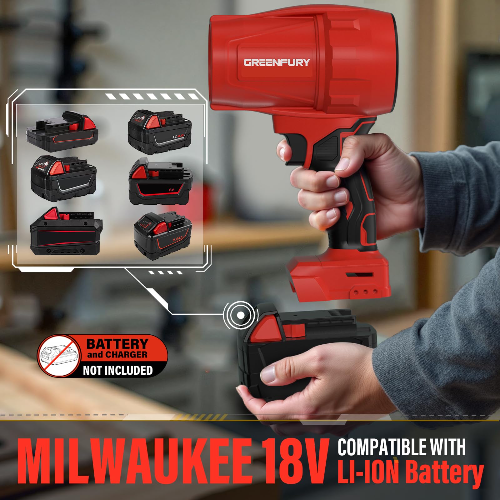 Greenfury blower delivers 430 CFM and 125 MPH airflow for fast cleanup.