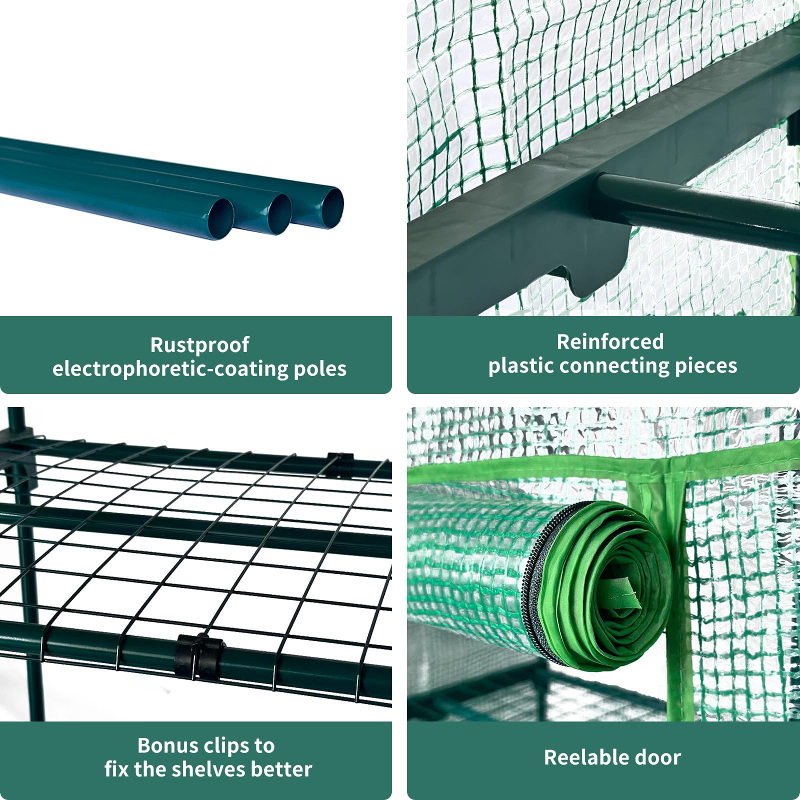 GreenGiggle 4-Tier frame durability highlights rust-proof steel for year-round use.