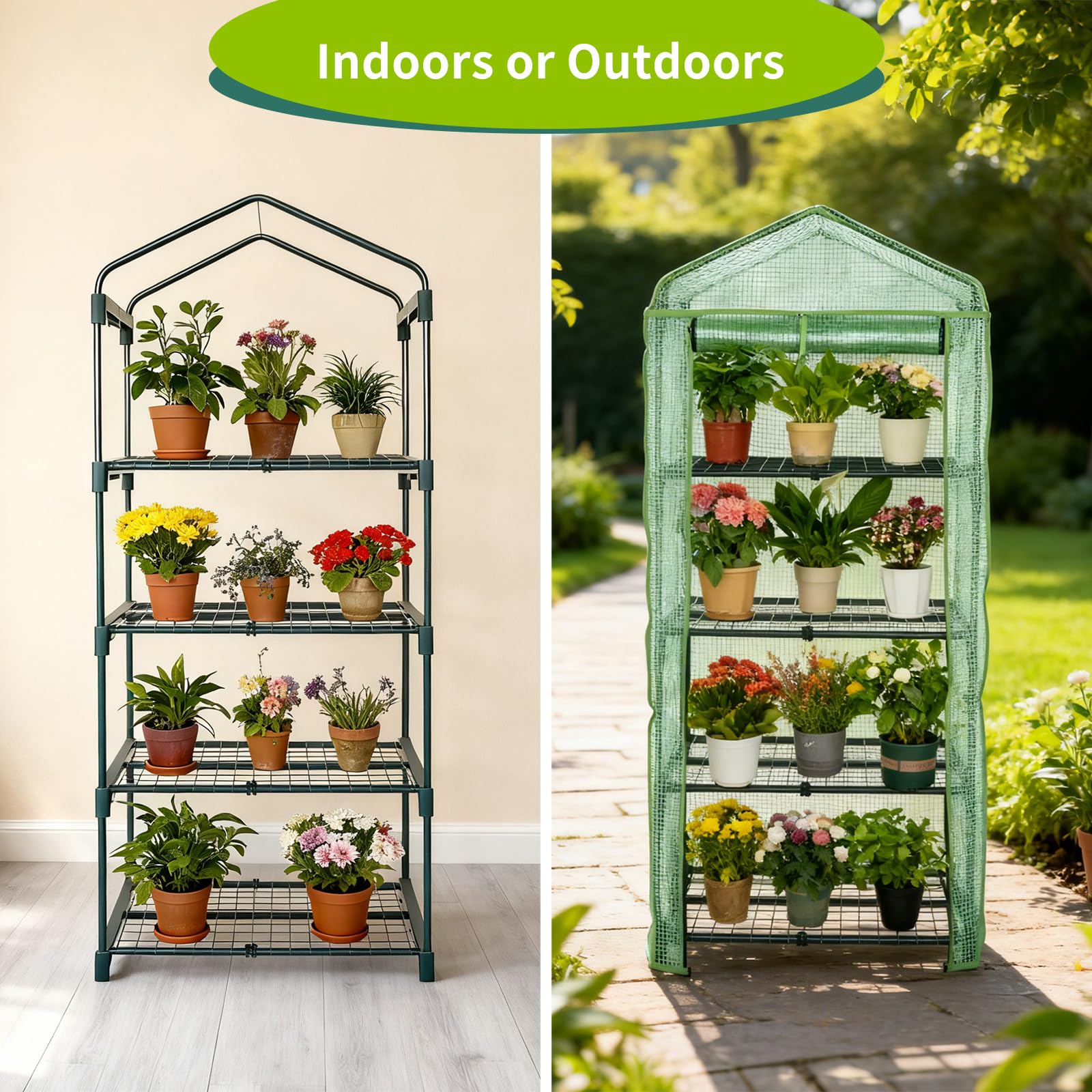 GreenGiggle 4-Tier Mini Greenhouse roll-up door enables easy access for watering.