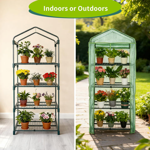 GreenGiggle 4-Tier Mini Greenhouse roll-up door enables easy access for watering.