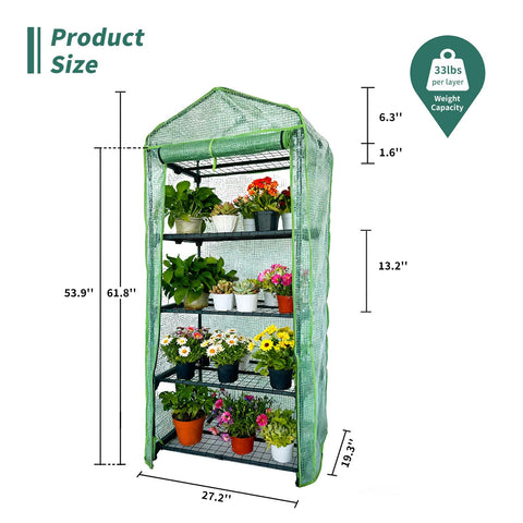 GreenGiggle 4-Tier Mini Greenhouse shelf detail highlights removable shelves for taller plants.