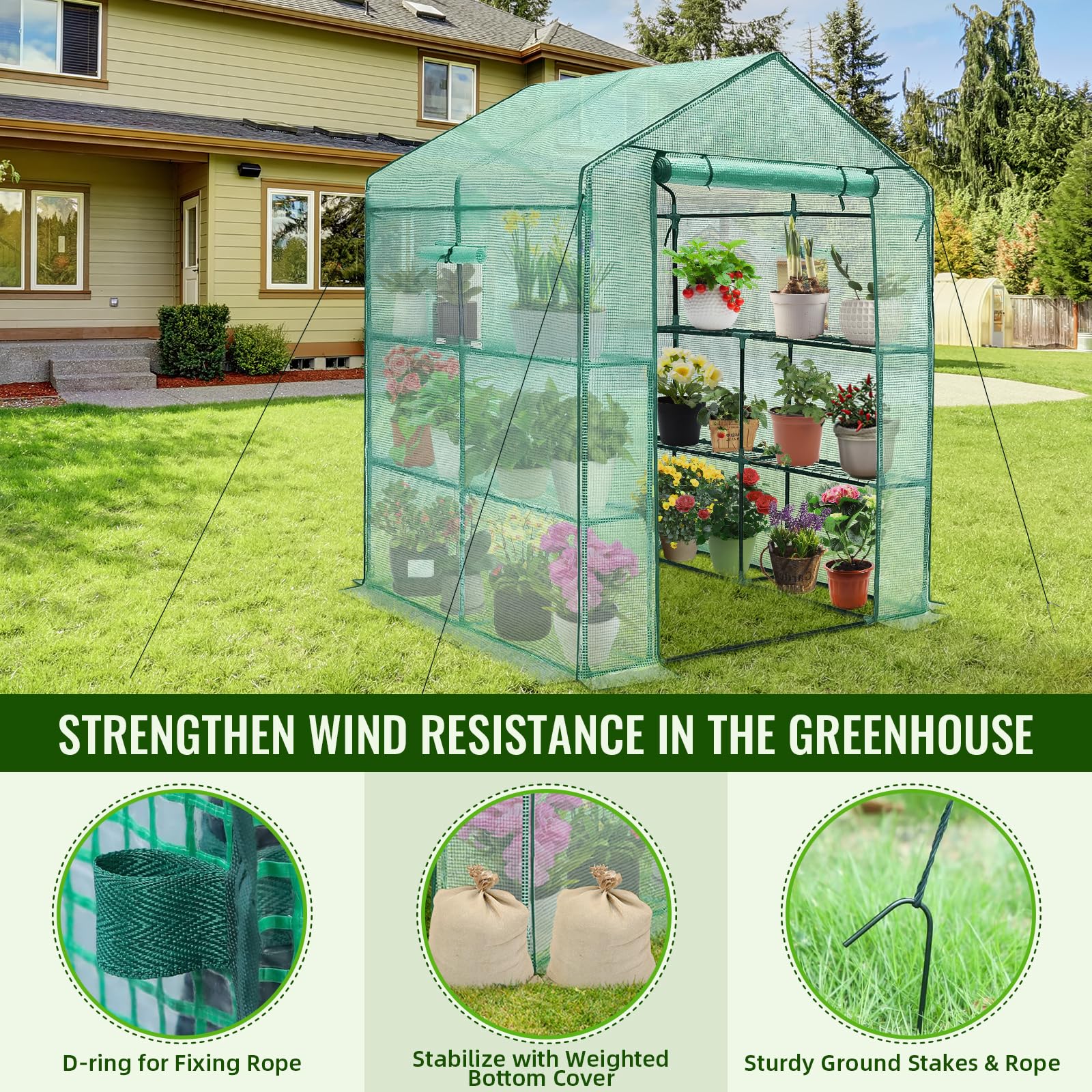 Greengro Greenhouse 3-tier shelves maximize space for pots and trays.