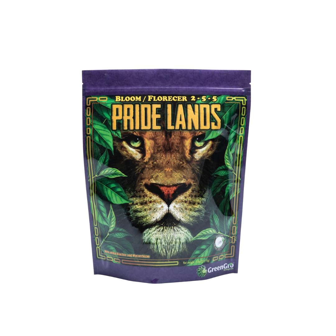 GreenGro Pride Lands Bloom Fertilizer bottle illustrates convenient bloom support for vibrant colors.