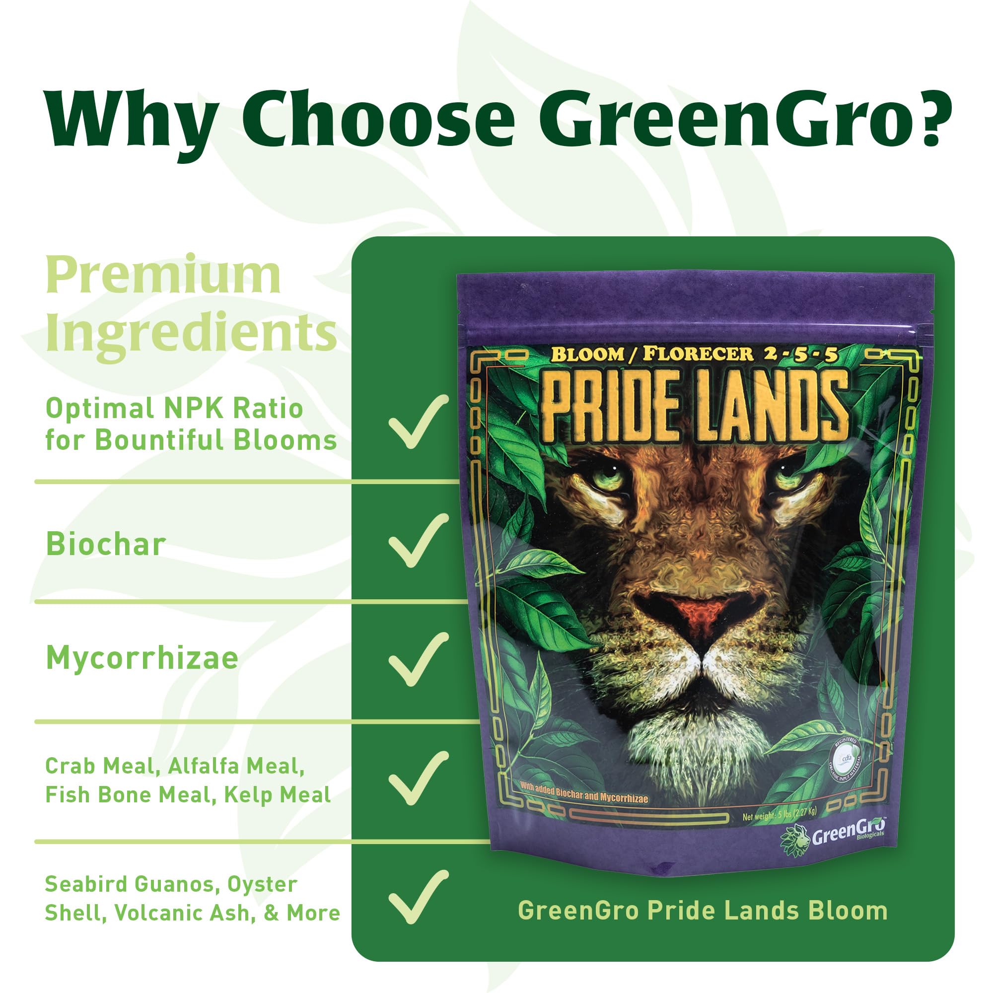 GreenGro Pride Lands Bloom close-up shows brighter plants and vigorous color.