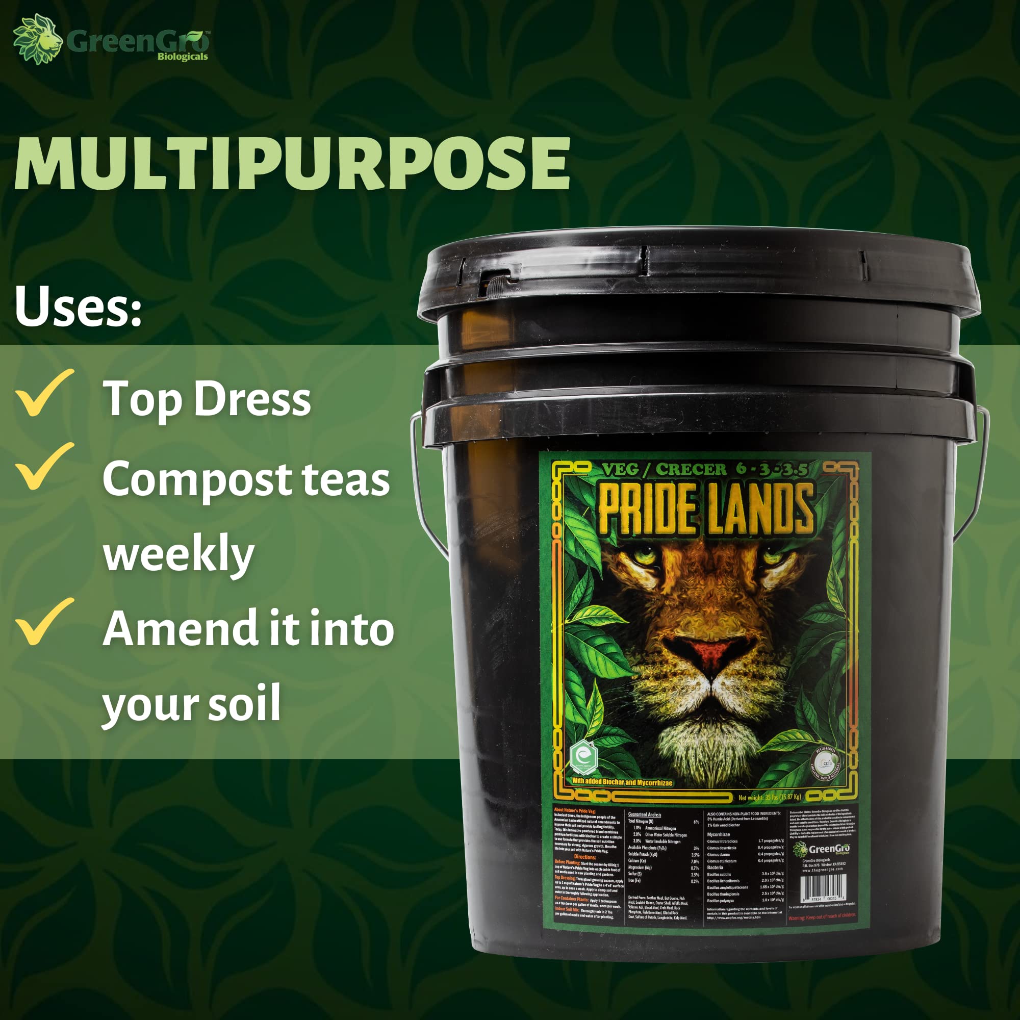 Healthy roots with GreenGro Pride Lands Veg soil amendment for resilient root systems.