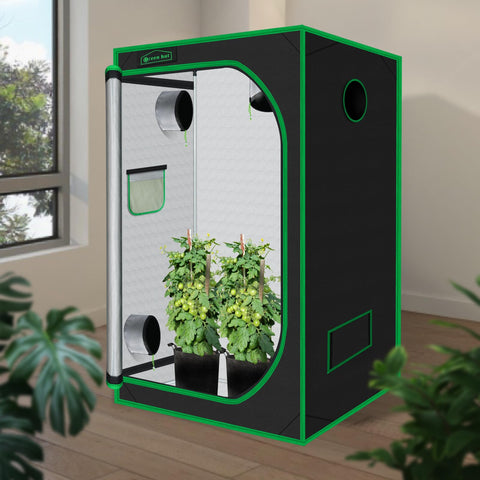 Green Hut grow tent front view shows sturdy zippers for secure lightproofing.