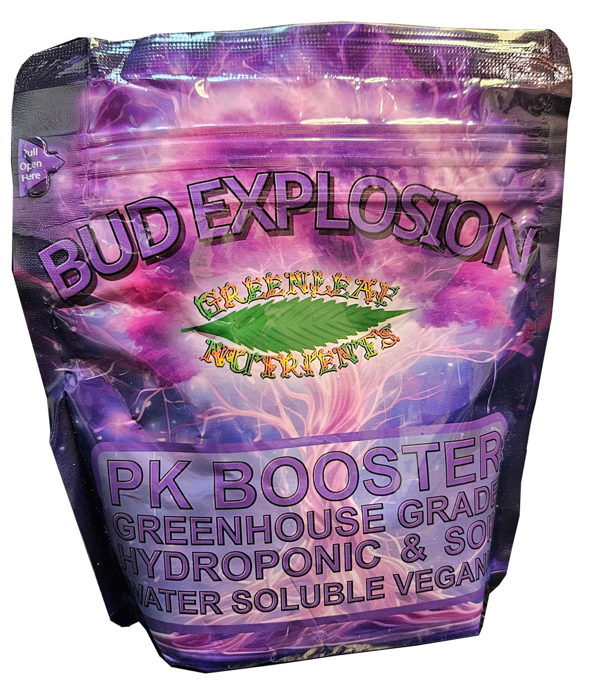 Greenleaf Nutrients Bud Explosion bottle pour, promoting stronger bloom sites for fuller flowers.
