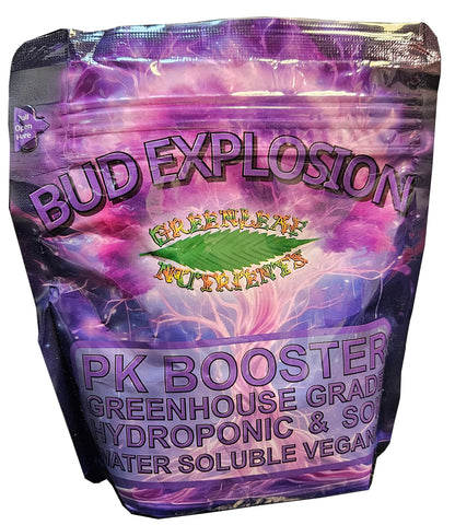 Greenleaf Nutrients Bud Explosion bottle pour, promoting stronger bloom sites for fuller flowers.