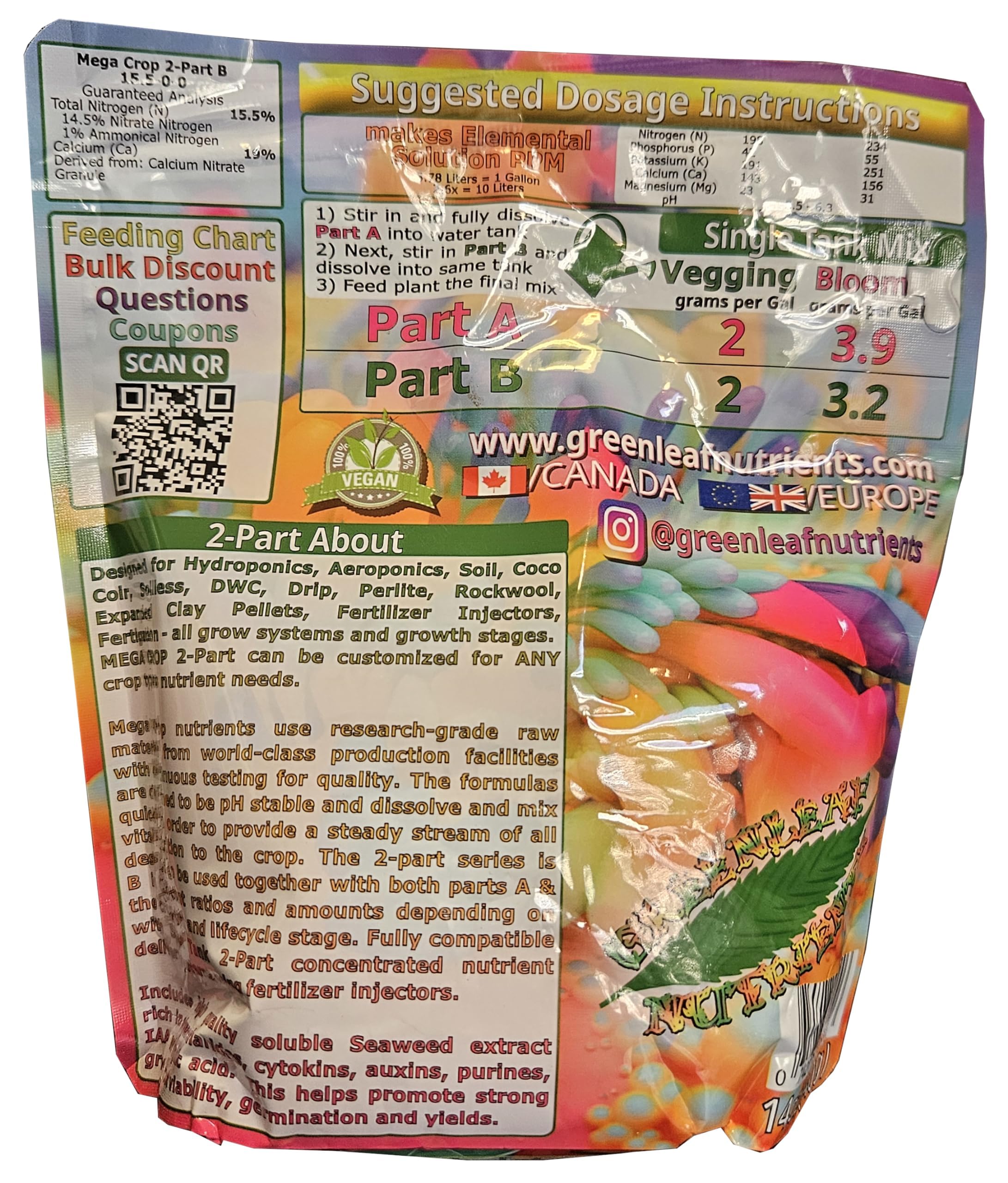 Greenleaf Nutrients Calcium Nitrate Mega Crop bottle label highlighting calcium content.