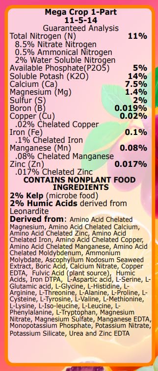Greenleaf Nutrients Mega Crop ingredients label showing complete nutrient spectrum