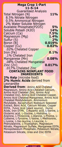 Greenleaf Nutrients Mega Crop ingredients label showing complete nutrient spectrum