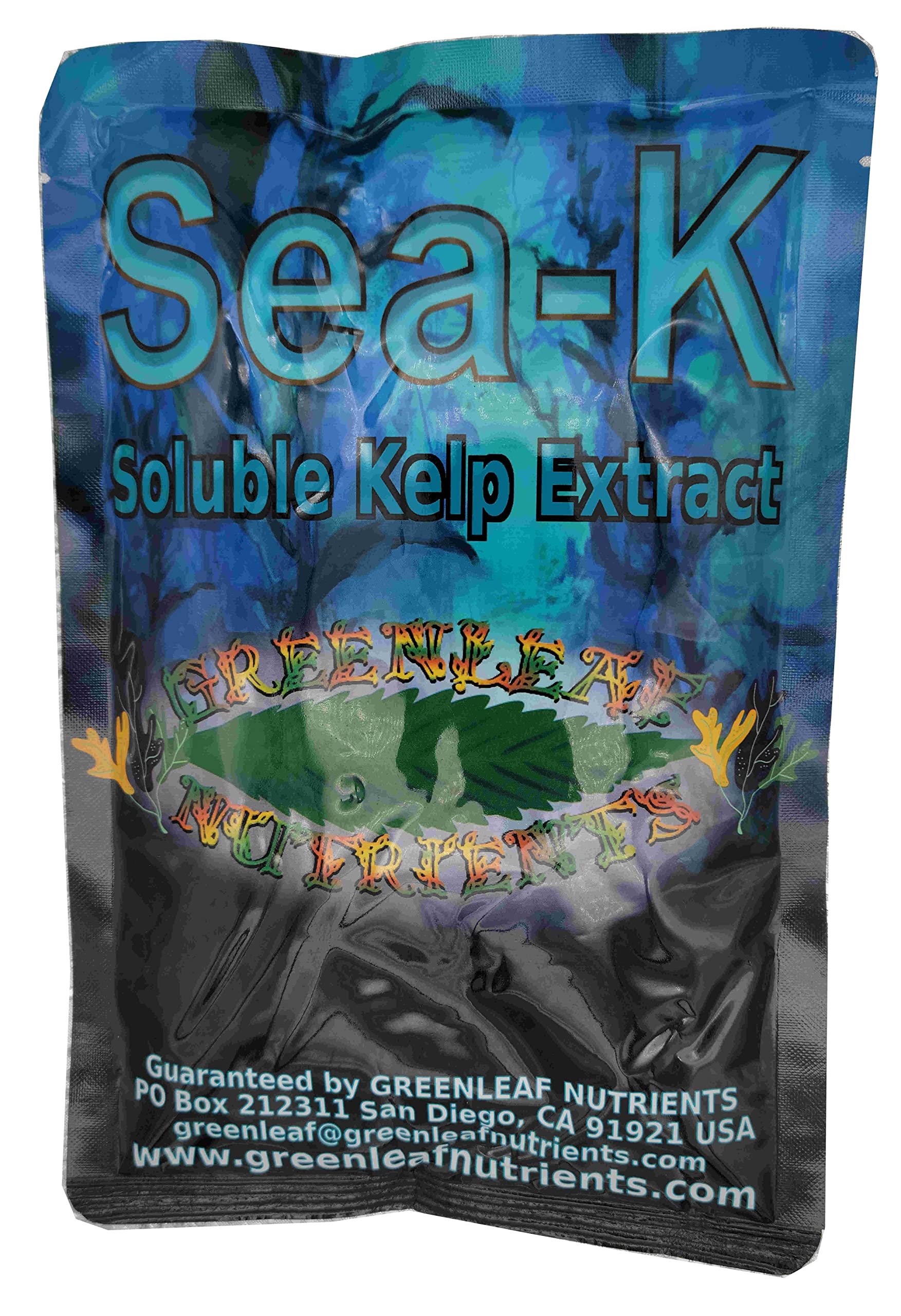 Greenleaf Nutrients Sea-Kelp powder bag shown for robust plant growth and soil vitality