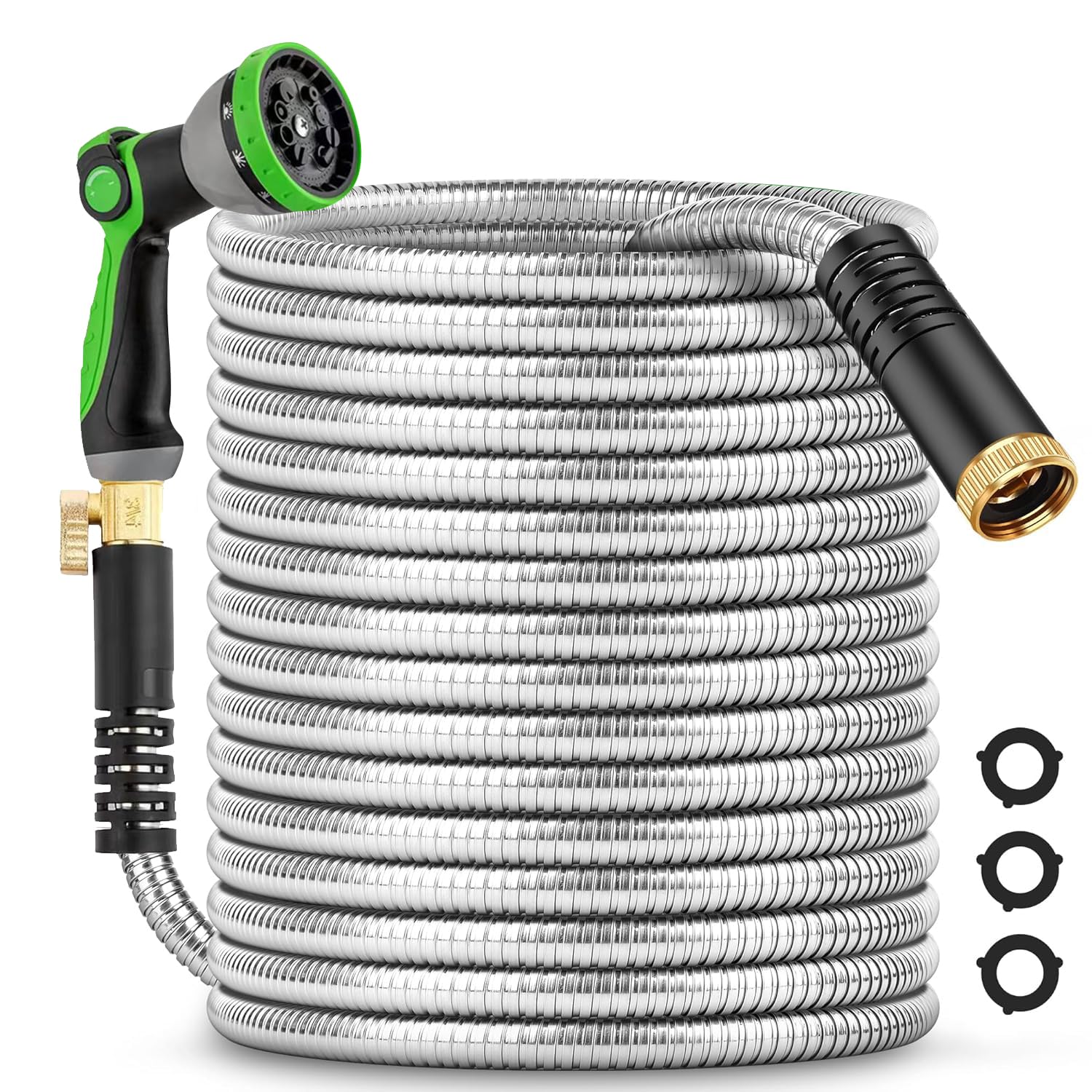 Greenleisure 200ft metal garden hose coiled, highlighting long reach and premium construction for easy storage.