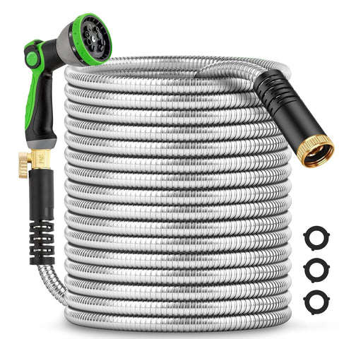Greenleisure 200ft metal garden hose coiled, highlighting long reach and premium construction for easy storage.