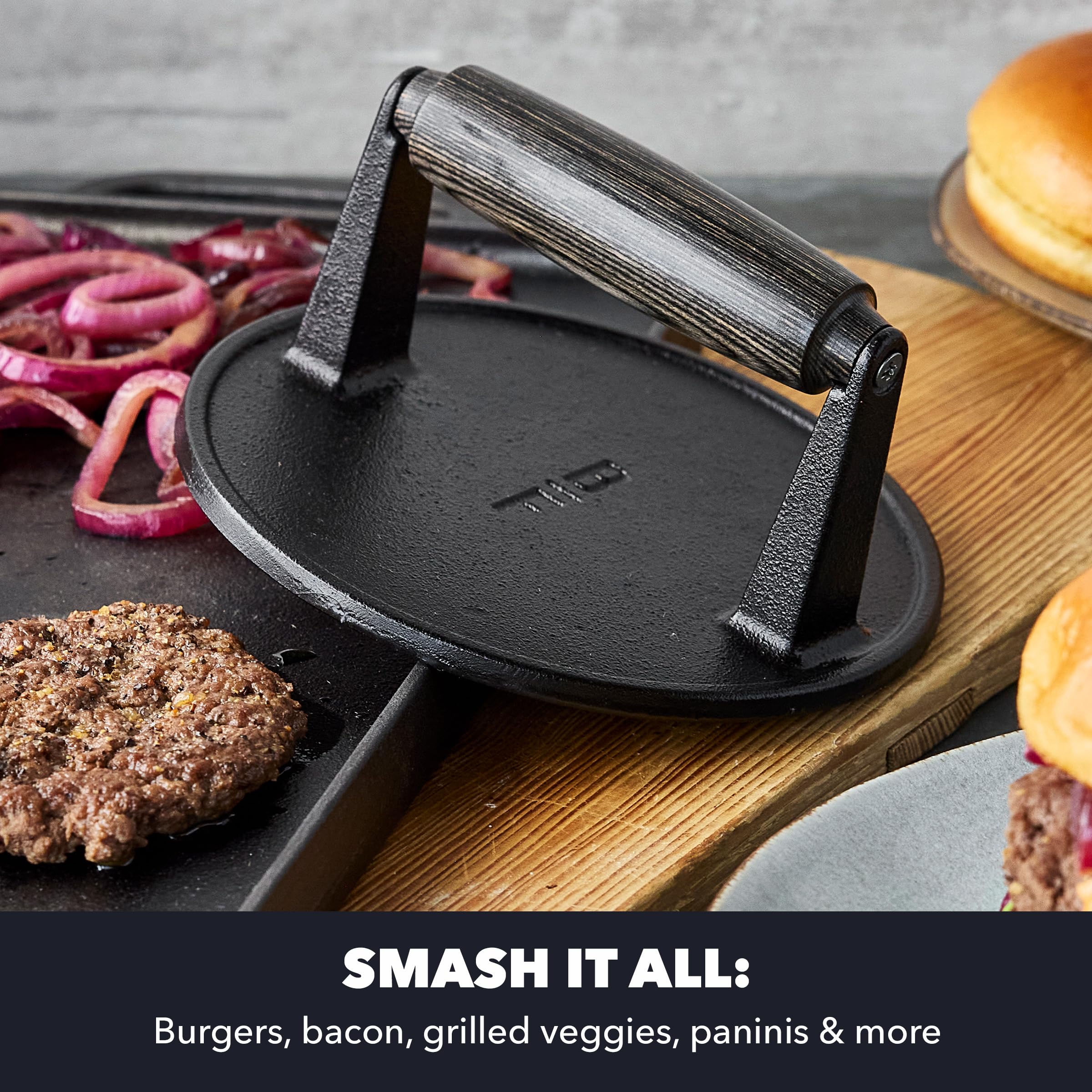 Close-up of caramelized crust from the Bobby Flay press on burgers.