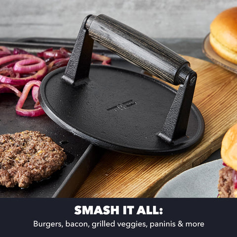 Close-up of caramelized crust from the Bobby Flay press on burgers.