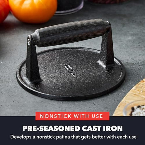 GreenPan Bobby Flay press with wood handle for safe, comfortable pressing.