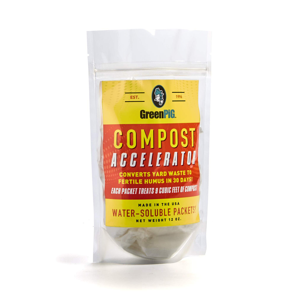GreenPig compost accelerator packets ready to mix into a pile for faster composting.