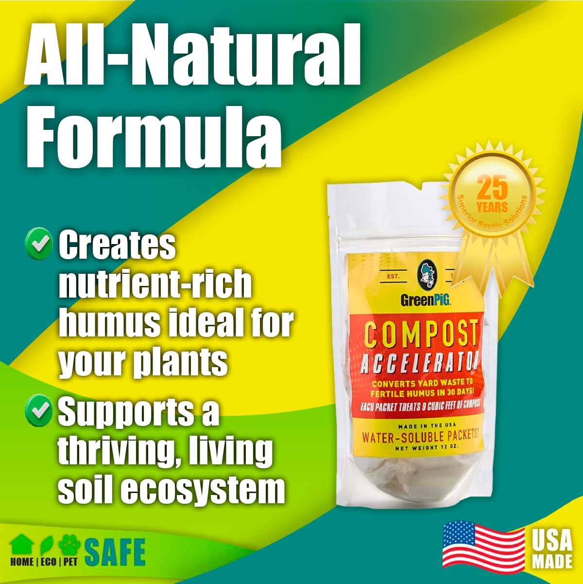 GreenPig dissolvable packets dissolve in water to activate bacteria for faster composting.
