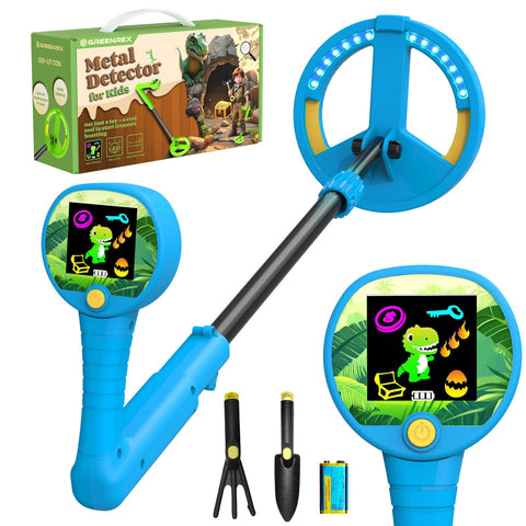GreenRex Kids Metal Detector color panel display shows treasure proximity for engaging hunts.