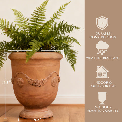Greens Word urn planter 16-5-inch-dimension accommodates seasonal plantings.
