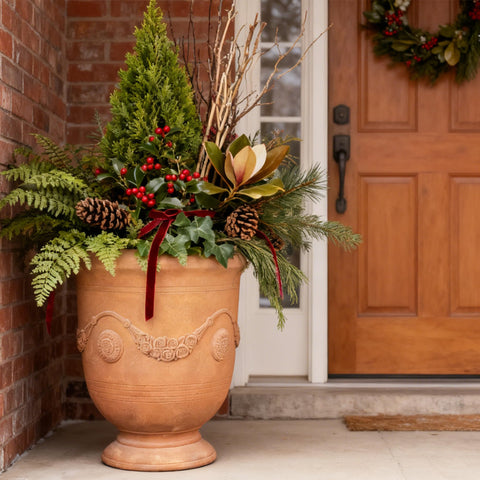 Greens Word planter-urn magnesium oxide material blends durability with lightweight indoor use.