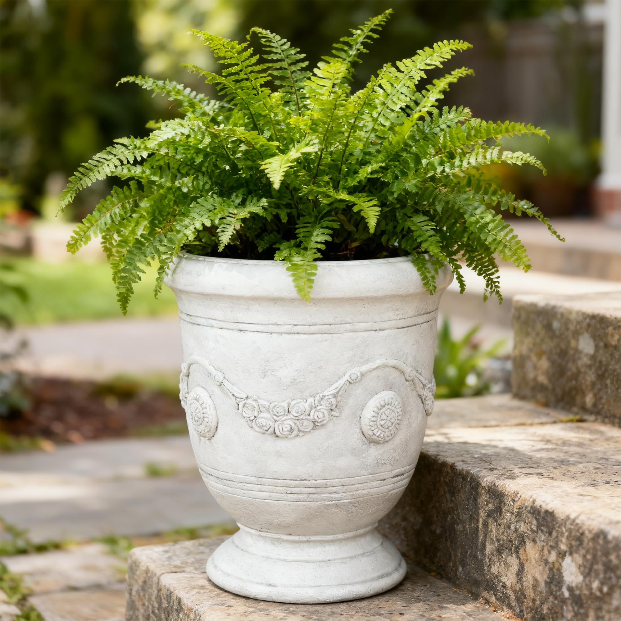 Greens Word urn planter supports indoor and outdoor plant versatility